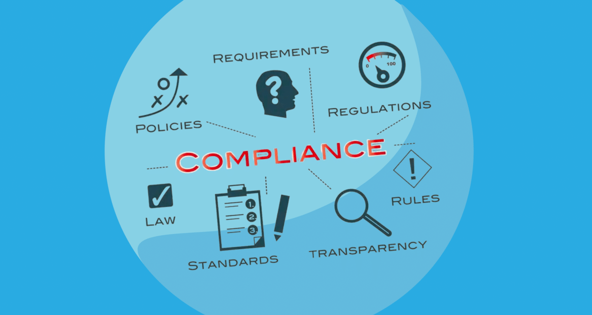 An infographic illustrating the concept of compliance, with various interconnected elements