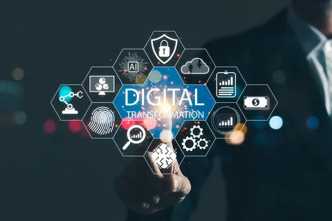 A person pointing at a digital transformation concept displayed as various interconnected icons such as AI, security, data analytics, and technology.