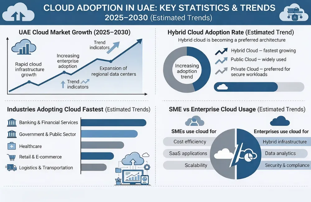 Cloud adoption trends in UAE 2025–2030 infographic showing market growth, hybrid cloud adoption, industries using cloud, and SME vs enterprise usage